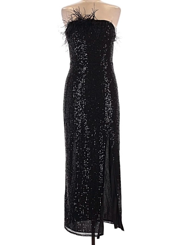 Elle Zeitoune Slone Cocktail Dress Black Feathers Sequins Stretch